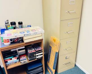 Filing cabinet, vhs, vintage mugs, Music CDs