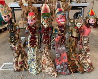 Collection of Indonesian puppets with stands