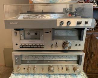 Sony record player, tape deck, receiver, and a pair of vintage Sony speakers