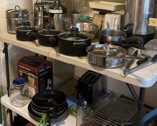 Small kitchen appliances, stainless pots and pans