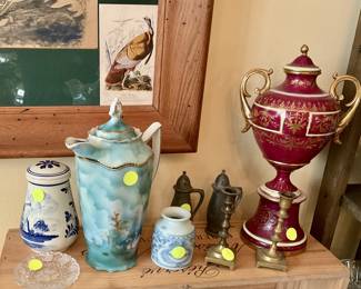 Chocolate pot,  red covered urn, pewter salt and pepper, blue and white covered Jar