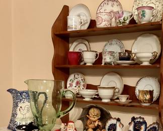 Uranium glass water pitcher, tea cups, Christmas decor, Hummel