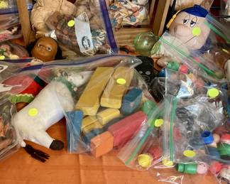 Blocks, stuffed toys, Fischer Price people