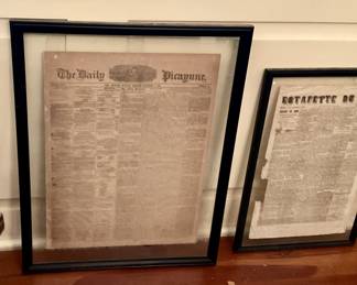 Framed Civil war era newspapers, in English, in French 