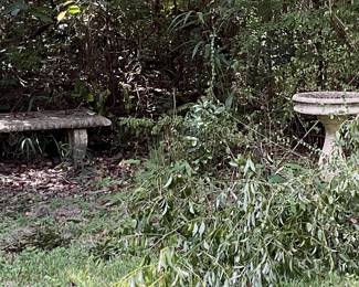 Concrete bird bath, concrete bench