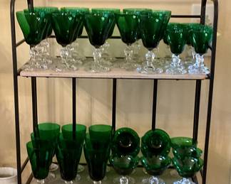 Fostoria Grand Dame forest green stems with crystal bases.