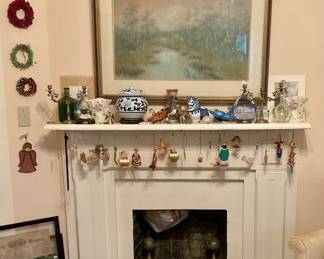 Drysdale oil pastel, Christmas items, decorator items, andirons