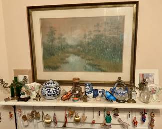 A. J. Drysdale oil pastel,framed, Christmas ornaments, brass candlesticks, pottery and more