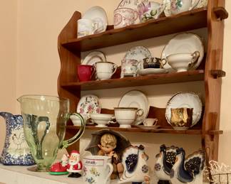 Tea cups , shelf, Russian birds, uranium pitcher