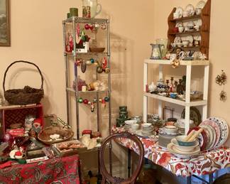 Christmas ornaments, cups and saucers, china, figurines, parlor chairs