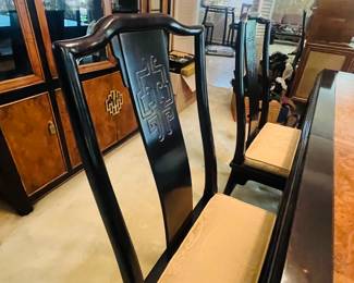 A set of six Century Furniture Chinoiserie Black Lacquer & Burlwood chairs. 