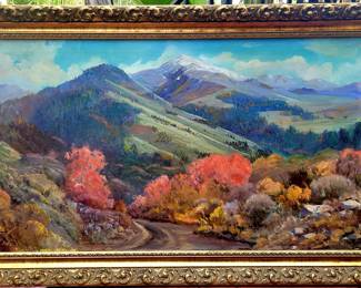 Large California oil landscape (26x48) by listed Laguna Beach artist Roscoe Lloyd Babcock 1897-1981 (probably Mt. Baldy)