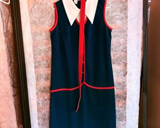navy and red piping mod dress white collar and red belt vintage
