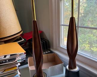 richard barr for laurel walnut and black enamel base pair of lamps