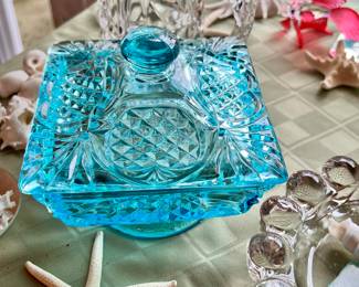 Vintage blue crystal candy dish w/lid