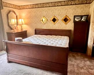 National Mt. Airy - King bed & mattress w/matching tall dresser, 2 ex-large night stands, TV/clothes armoire & ladies dresser 