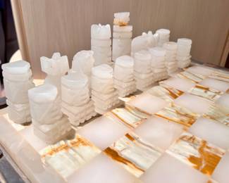 Vtg. Marble chess table w/drawers on each side for the chess pieces 