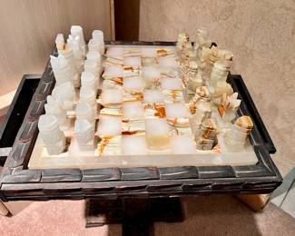 Vtg. Marble chess table w/drawers on each side for the chess pieces 