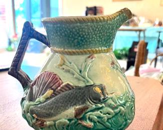 Antique English Majolica Shell & Fish Pitcher