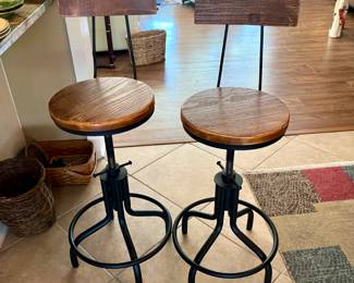 American Industrial Antique Design Adjustable Height Kitchen Dining Breakfast Chair Metal Bar Stool with Backrest Fully Welded. Set of 2 (Brown Wood)