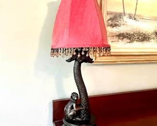 Coconut Palm Tree Monkey Table Lamp Bronze Look Red Shade Bead Trim
