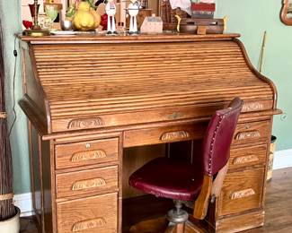 Vintage roll top desk and vintage desk chair