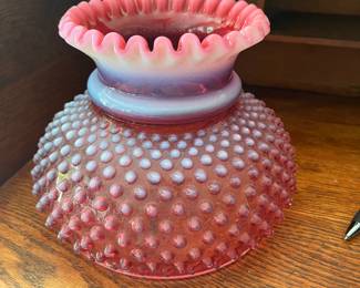 FENTON CRANBERRY HOBNAIL OPALESCENT RUFLED LAMP SHADE.