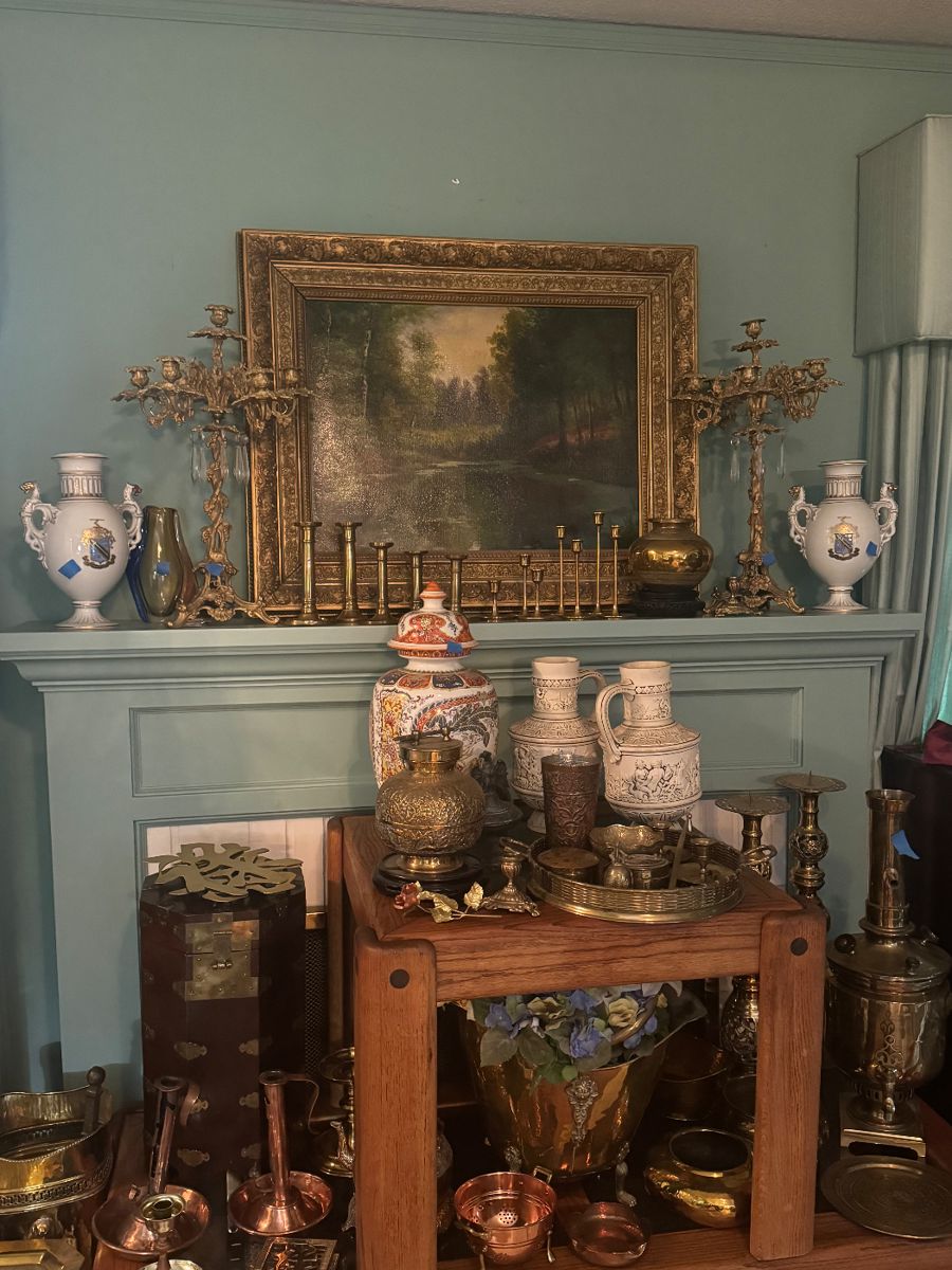 Gilded French Candelabras, Brass Candle holders, Pirkenhammer Urns/Vases, Brass Russian Samovar, Brass Coal Scuttles with Delft Handles, Antique Painting