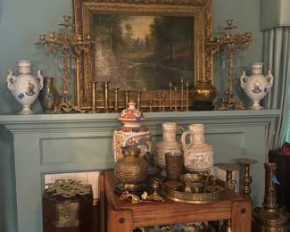 Gilded French Candelabras, Brass Candle holders, Pirkenhammer Urns/Vases, Brass Russian Samovar, Brass Coal Scuttles with Delft Handles, Antique Painting