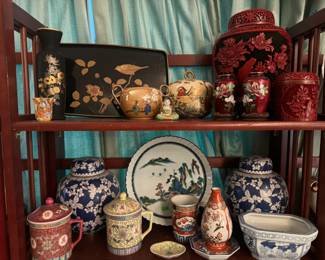 Chinese and Japanese ceramics, Cinnabar carved brass/enameled ginger jar and container