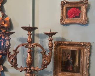 Antique Carved Candelabras, Antique oil paintings