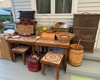 Vintage Danish Tile Tables, Vintage Trunks, Vintage Baskets, Vintage luggage