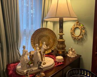 Vintage Lamp, Brass Tray, Pirkenhammer figurine, Sevres style porcelain and brass figural art (as -is)