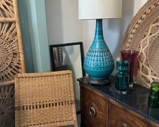 MCM Folding Rope Chair, MCM Bertossi style lamp, Vintage Woven room screen, Vintage Regency Style Cabinet, Vintage MCM Finland glass