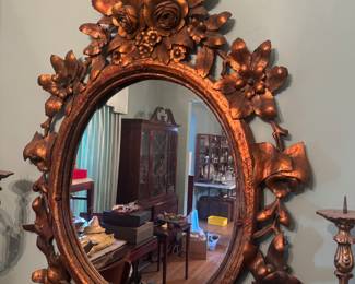 Antique Copper/Gold Gilt Wood Carved Mirror