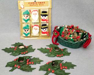 NG037 Vintage Cast Iron Holly Candle Holders, Matches