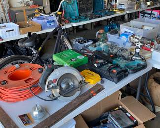 bench saw, bike, extension cords, movies