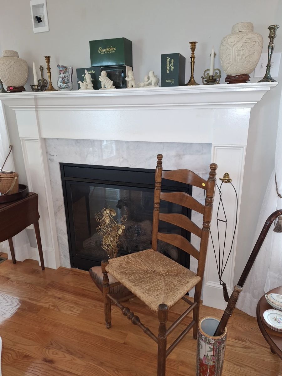 Rush seat laderback chair, snobabies, candlesticks urns. Etc