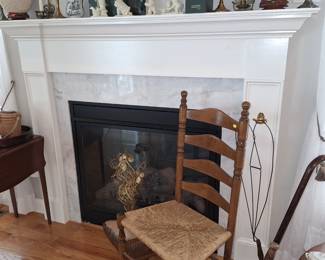 Rush seat laderback chair, snobabies, candlesticks urns. Etc