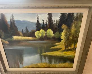 Framed Still Lake Mountain Scape Oil Painting by D. Morris