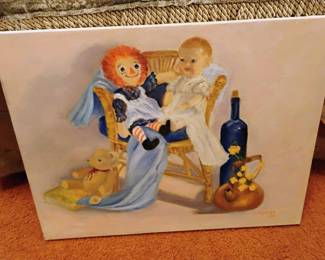Still Life Oil Painting of Dolls in Chair by D. Morris