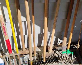 Assortment of Gardening Tools - Rakes, Pitchforks, Rotary Cultivator, Thatch Rake