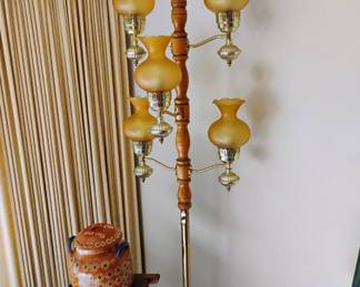 1970's Tension Pole Amber Glass Floor Lamp
