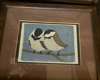 Framed & Matted Chickadee Bird Mixed Media Artwork