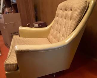 1970's Cream Leather and Checkered Upholstery Swivel Rocker