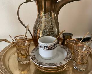 Turkish Dallah Etched Brass Coffee Pot, Set of 4 Turkish Tea Cups with Gold Stripes