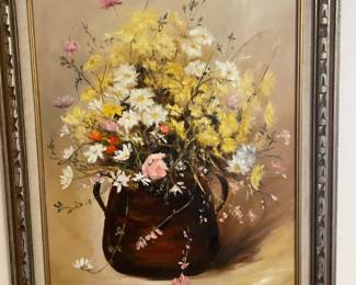 Framed Wildflower Bouquet Still Life Oil Painting