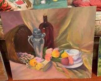 Still Life Oil Painting of Floral Basket by D. Morris