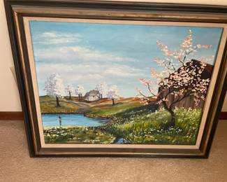Framed Oil Painting of Springtime Landscape by Darlen