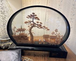 Carved Cork Diorama with a Black Lacquered Wood Frame